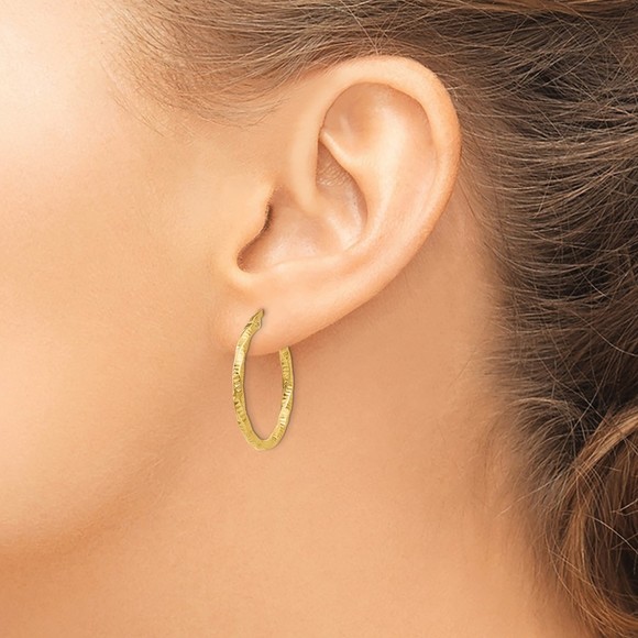 14k Yellow Gold Polished and Textured Hoop Earrings 25 L x 24.5 mm W